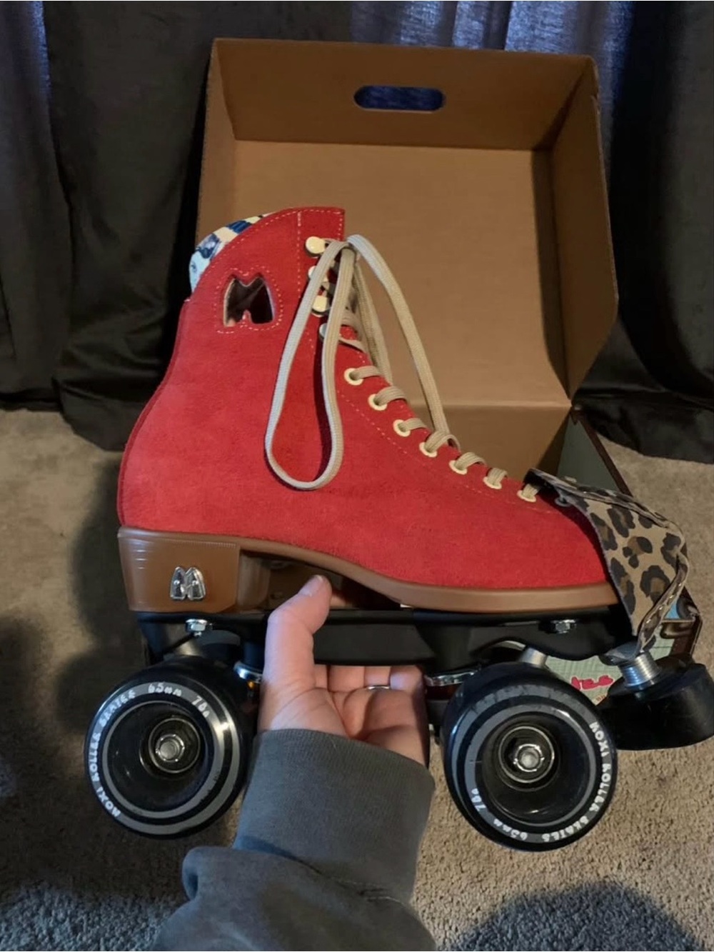 Red Suede Roller Skate with Leopard Toe Caps  - Fashion Skate